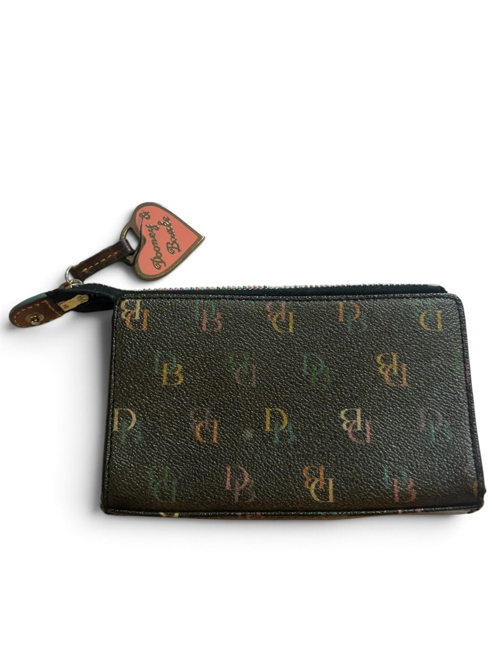 Dooney & Bourke Black Multicolor Logo Zip Card Holder with Heart Charm